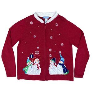 Classic Elements Snowman Snowflake Cardigan Sweater Women's M  Full Zip